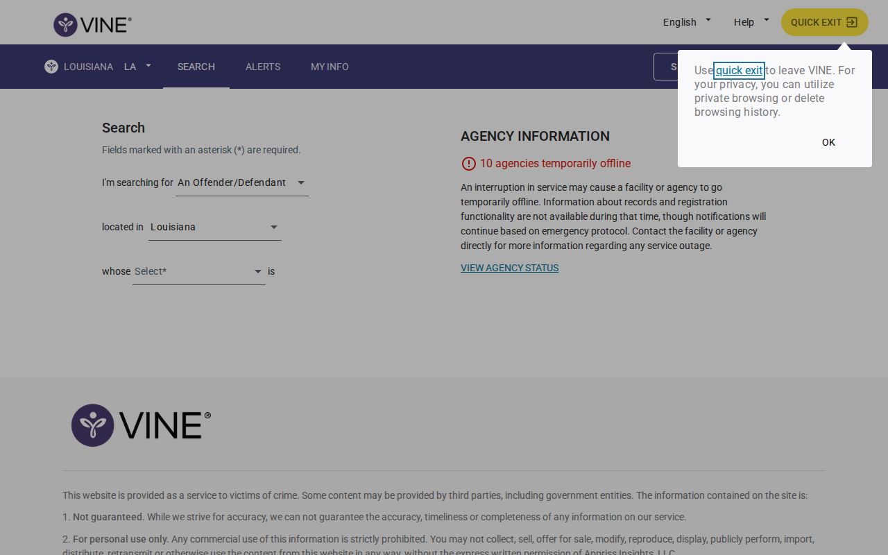Winn Parish VINELink inmate check on the Louisiana person search screen
