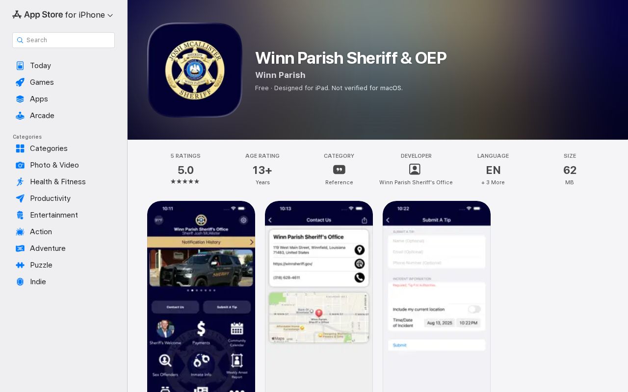 Winn Parish Sheriff app listing without a verified released mugshot feature